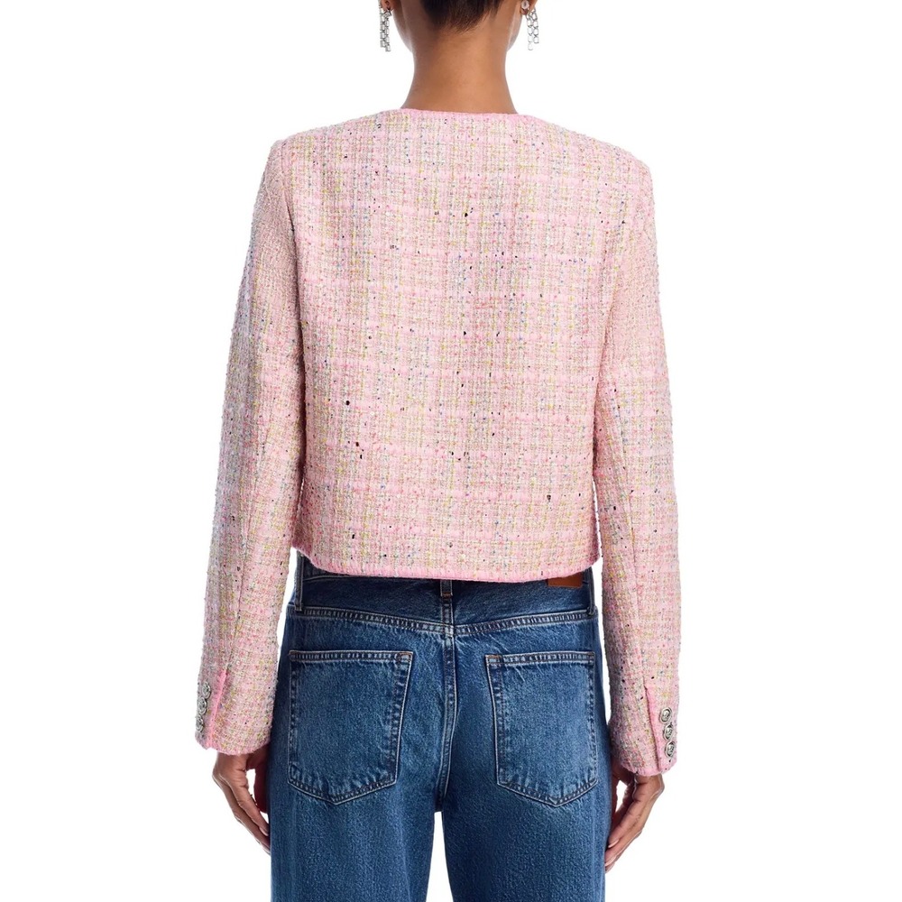 Aqua Pink Tweed Cropped Jacket Blazer Metallic Confetti Silver Crest Buttons S - Picture 2 of 7